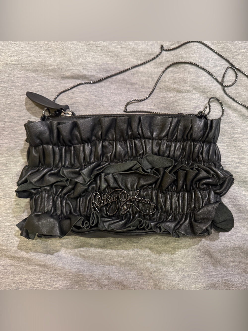 Betsey Johnson Black Ruffled Leather Crossbody Bag with Script Logo